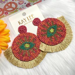 Boho Earrings Fringe Eye Seed Bead Large Post Drop